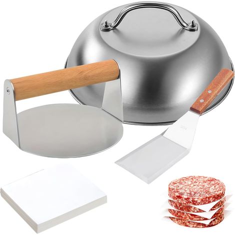 Smash Lot de 3 presses à hamburger avec presse à hamburger ronde de 5,5", presse à hamburger ronde, cloche à hamburger et spatule pour barbecue et 100 papiers à pâte à viande, ustensiles de (1/5)