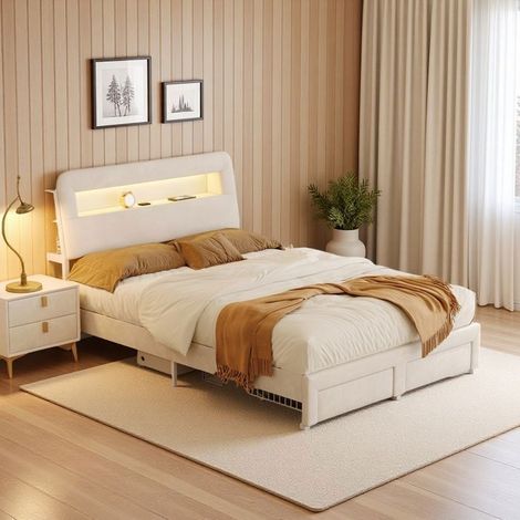 Doppelbett 140x200 cm, Veloursbezug beige mit Stauraum, LED RGB 9 Farben, EU-Ports USB/Typ-C, mehrstufige Aufbewahrung, modernes Design