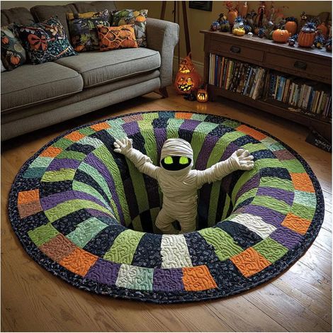 Tapis décoratif d'Halloween en 3D avec momie et motifs colorés en profondeur, tissu doux et résistant, idéal pour les fêtes à la maison, cadeau pour les passionnés d'Halloween.(60 cm) (1/5)