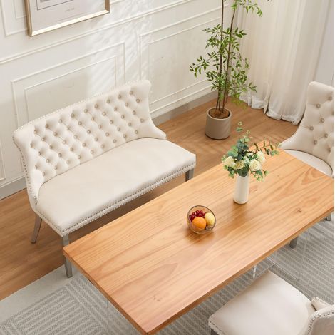 Banquette de salle à manger 2 places en velours beige avec pieds en acier inox brossé et capitonnage (1/5)