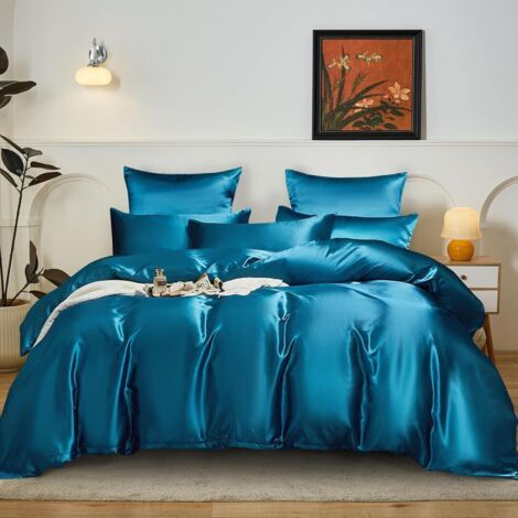 Parure De Lit Satin 240x260 - 3 Pièces - Microfibre Unie Pétrole - Housse Et Taies Zippées - Chambre Adulte (1/5)