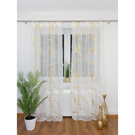 Tenda pronta all'uso 145x250 cm su nastro di bordatura in zibellino con motivo marmorizzato dorato (1/5)