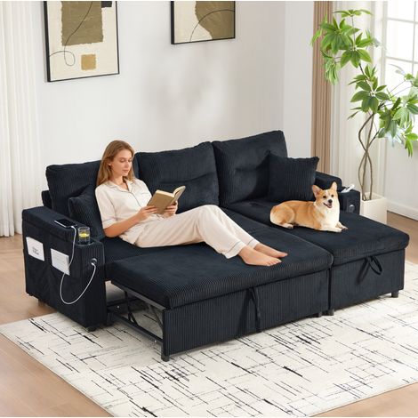 MODFU – Divano 3 posti convertibile in velluto a coste nero con chaise longue contenitore e USB-C, funzione letto – Nero (1/5)