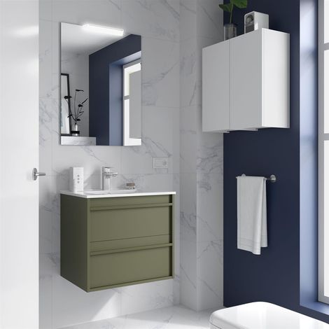 Ensemble complet ATTILA 700 2 tiroirs GREEN SATIN + meuble lavabo + miroir + lampe (1/2)