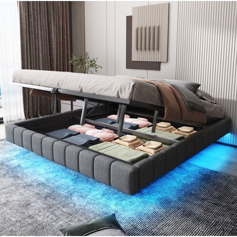 Cama tapizada 180/200 cm gris de lino con almacenaje hidráulico y luz LED (1/5)