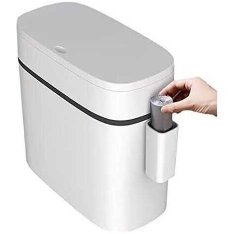 Poubelle en plastique ultra fine avec couvercle, poubelle rectangulaire à pression pour salle de bain, chambre, cuisine et bureau, blanche (12 litres) (1/5)