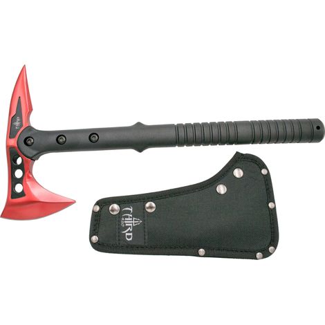 Hache Third 10129RD en acier 420 avec finition rouge et noire, longueur totale de 39,5 cm, manche en ABS noir. Avec une gaine en nylon.