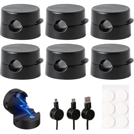 Clips magnétiques de gestion des câbles - Lot de 6 supports de câble de charge pour téléphone, organisateur de câble USB auto-adhésif pour bureau - Noir (1/5)