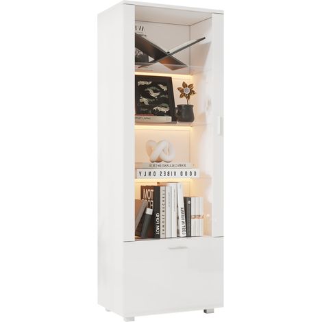 Vetrina 50x40x160 cm bianca in truciolato, porta in acrilico, LED e vano portaoggetti - CHICFURN (1/5)