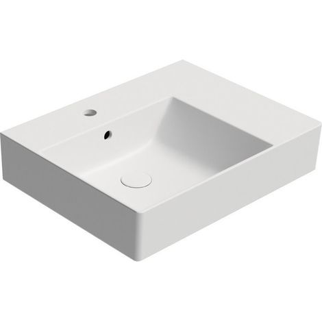 Lavabo en céramique KUBE X 60x47cm, étagère à droite, blanc mat (1/4)