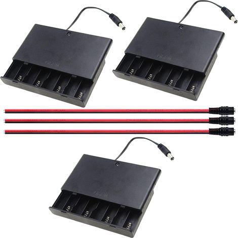 cajas de almacenamiento de baterías de plástico para 8 pilas AA de 12 V, con toma de corriente CC con interruptor de encendido/apagado + 3 pinzas de alimentación CC.