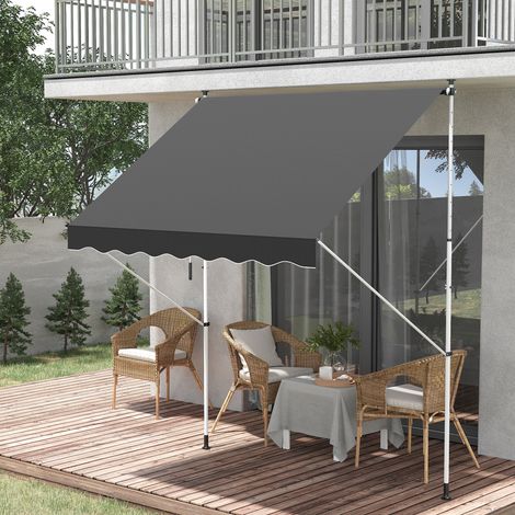 Store banne manuel rétractable 2×1,5m, hauteur 1,7-2,8m, inclinaison réglable, sans perçage, aluminium et polyester, gris, installation rapide