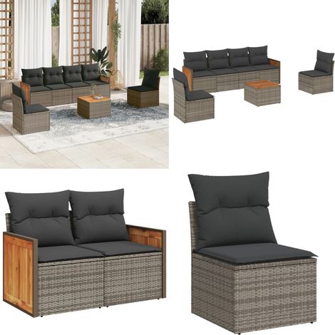 7-tlg. Garten-Sofagarnitur mit Kissen Grau Poly Rattan - Gartensortiment - Gartenmöbelset - Lounge Möbel - Outdoor Furniture - Rattan Gartenmöbel - Home & Living (1/5)