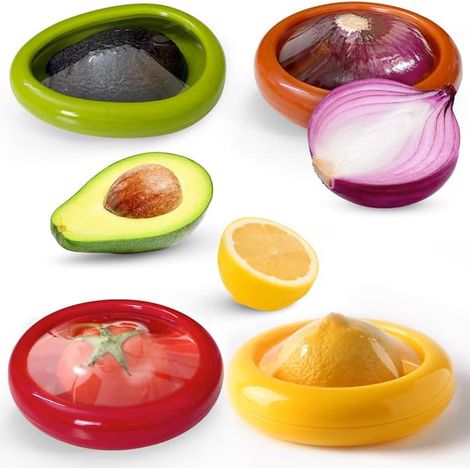 Lot de 4 boîtes de conservation réutilisables pour aliments - Avocat, oignon, tomate. Conservez vos fruits et légumes frais grâce à leur protection contre l'oxydation. (1/5)