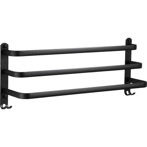 Sollbry Wandmontierter Badezimmer-Handtuchhalter aus Aluminium – 3 Etagen – mit Haken – 30 cm – wasserdicht – schwarz – für Badezimmer, Küche, Waschraum (1/4)