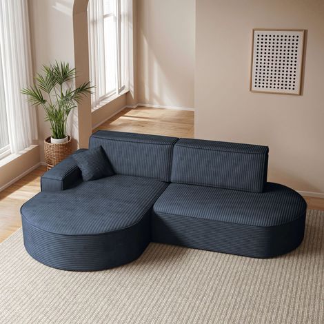 Canapé d'angle gauche convertible 4 places MARLO en velours cotelé - Bleu foncé (1/5)