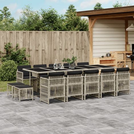 15-tlg. Garten-Essgruppe mit Kissen Hellgrau Poly Rattan vidaXL