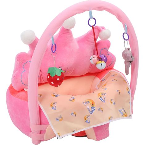 Siège de soutien pour bébé en forme de couronne souple, maintien d'une posture assise confortable, chaise d'apprentissage en peluche avec jouets d'éveil et bavoir rose (1/5)