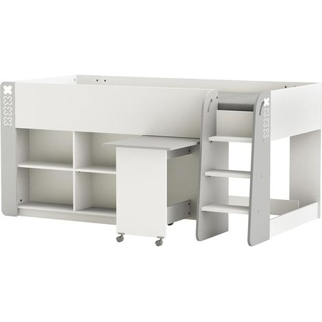 Pegane – Lit enfant combiné blanc mat/gris foncé – Dimensions 210,3 x 97,8 x 124,2 cm – Panneaux de particules – Rangement intégré