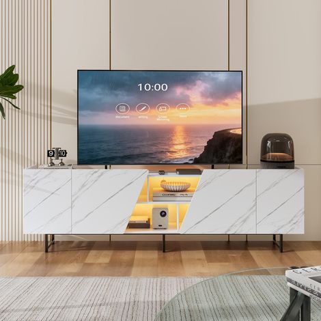 TV-Lowboard 220x35x67 cm, extra breiter TV-Schrank mit schrägen Türen, Smart-LED und Marmoroptik, MDF und Metall, Weiß
