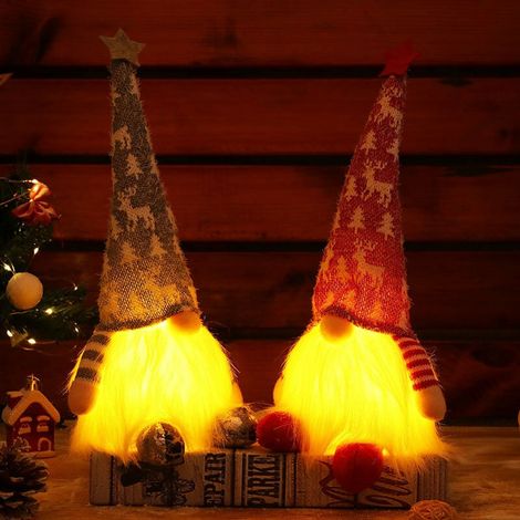 Gnome De Noel - 33 x 16 cm - Feltre Gris Et Rouge - Lumiere Led Integrée - Decoration Scandinave Pour Arbre De Noel Fenetre Et Intérieur - Lot De 2
