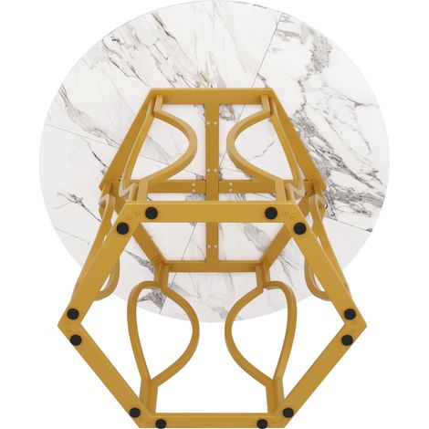 Ensemble table à manger 5 pièces, avec 4 chaises, ensemble table de cuisine ronde de 100 cm de diamètre avec pieds métalliques dorés, plateau blanc en MDF, chaises de salle à manger en velours vert fo (1/5)