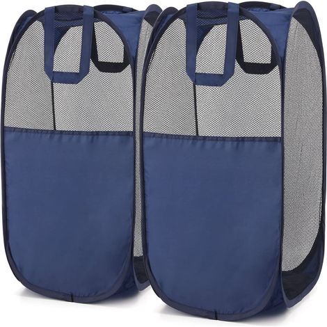 Panier À Linge Pop-Up - Filet Respirant En Polyester - Cadre En Acier Inoxydable - Poignées Renforcées - Bleu - Lot De 2