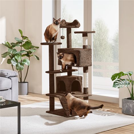 Yaheetech Tiragraffi per Gatti Albero Tiragraffi con Trespolo 2 Casette 2 Palline Sospese e 3 Pali in Sisal Giocattolo per Gattini Marrone