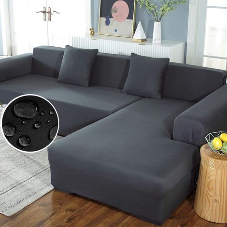 Housse de canapé en L imperméable, adaptée aux canapés 2, 3 et 4 places housse extensible couvrant les accoudoirs, taille universelle, protection antidérapante, adaptée aux animaux de compagnie (Gris (1/5)