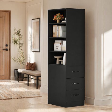 Mueble estrecho de 180 cm con 3 cajones laterales y estantes regulables, negro DESVIAE (1/5)