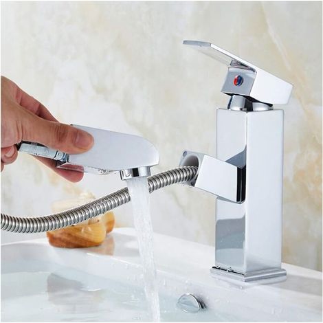 Robinet de salle de bain avec douchette extractible, robinet de lavabo cascade chromé (1/4)