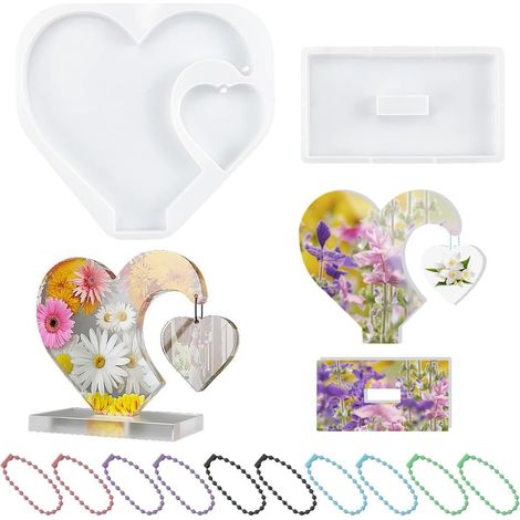 Stampo in resina siliconica a forma di cuore, cornice portafoto personalizzata in resina epossidica, cornice portafoto 3D a forma di cuore in resina con catena di perline colorate per decorazioni nuzi (1/5)