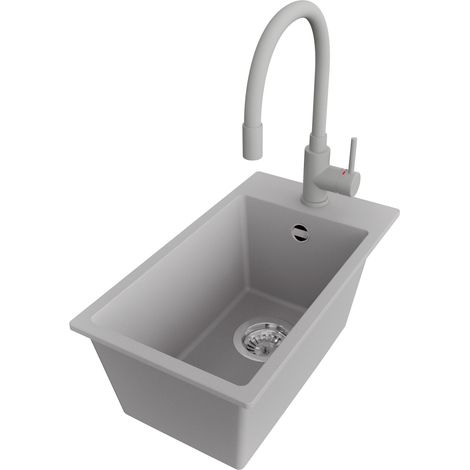 PRIMAGRAN Evier Cuisine en Granit 28x50cm,Lavabo 1 bac + Robinet 38x14cm + Kit de Vidage, Évier à Encastrer au meuble 30cm - Riga, Gris (1/5)