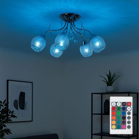 Deckenleuchte Chrom Kristallleuchte Spotleuchte Deckenlampe Kristalle, Chromgeflecht, 5x E14, dimmbar Fernbedienung, RGB LED 4,8W 470Lm 3000K wawrmweiß, D 54 cm