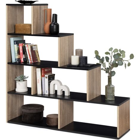 Idmarket – Bibliothèque escalier 4 niveaux bois façon hêtre et noir – 6 niches de rangement – Longueur 114 cm x largeur 30 cm x hauteur 114 cm