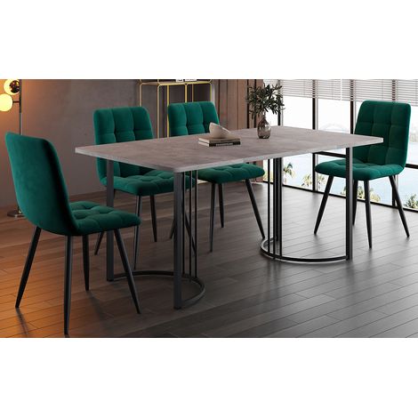 Ensemble salle à manger 5 pièces, table cuisine moderne 140×80cm avec piètement métal noir, plateau MDF gris, 4 chaises velours vert foncé.