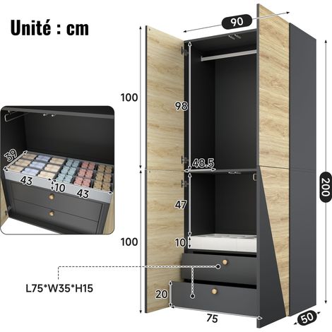 Armoire de chambre, dressing penderie avec tringle porte-pantalons et boîte, 2 tiroirs, style industriel, design bicolore, bois et gris (1/5)