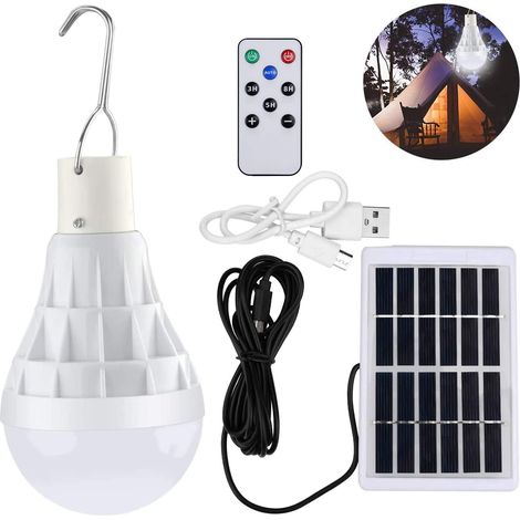 ZOLGINAH 1 juego de bombillas LED solares con control remoto + cable de 3 m, luces colgantes solares LED 12 W 130 lúmenes recargables para exteriores, interiores, tiendas de campaña, pesca, emergencia (1/5)