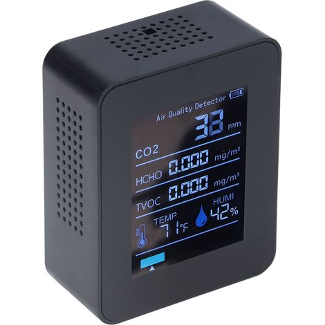 Capteur CO2 Bluetooth APP, Détecteur TVOC Qualité de l'Air, Moniteur CO2 avec Stockage 60 Jours, Recharge USB, Noir 5-en-1, Batterie Intégrée (1/5)