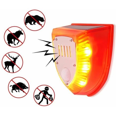 Solaire Son Alarme Lumière Imperméable 129dB Système d'alarme factice avec lumière clignotante, des sons de coups de feu et des effets sonores d'aboiements de chien (Rouge)