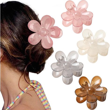 Set di 4 fermagli per capelli a forma di fiore, antiscivolo, a tenuta forte, con finitura opaca, piccoli fermagli a forma di fiore, adatti a donne e ragazze, trasparenti. (1/4)