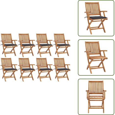 The Living Store Chaises pliables de jardin avec coussins lot de 8 Teck solide - Chaises de jardin teck (1/5)