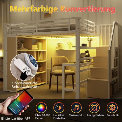 Lit mezzanine 140x200 cm fer blanc,bureau,rangements,LED,escalier avec rangement,structure solide,design moderne,sans matelas (1/5)