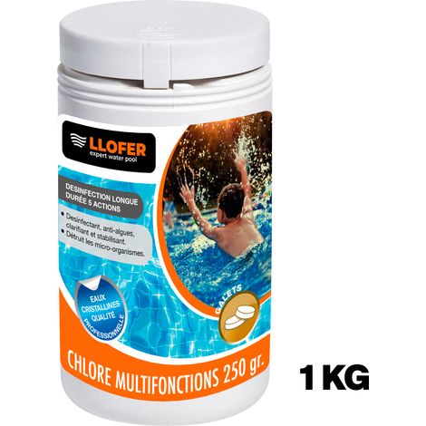 Llofer – Chlore multifonction 1kg en galets de 250g – Désinfection longue durée – Élimine virus et algues – Pour piscines jusqu'à 30m³