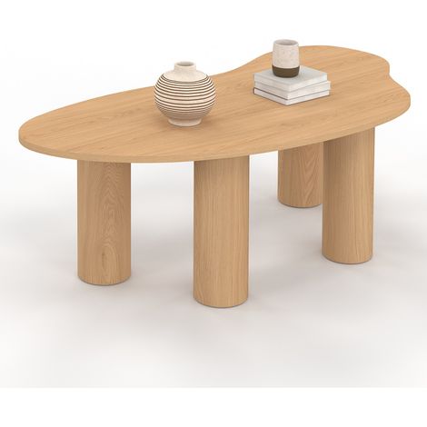Idmarket – Table basse fixe organique 100 cm – Bois MDF effet hêtre – Forme arrondie – Largeur 49 cm – Hauteur 35,5 cm – Surface idéale pour livres et objets déco
