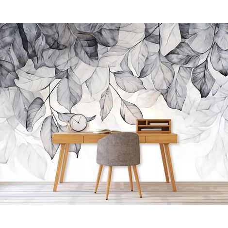Vlies Fototapete Blätter 150x105 cm, Tapeten, für Wohn und Schlafzimmer, Vliestapete Wandtapete Tapete 3D Effekt- inkl. Kleister - Botanisch Natur grau weiß, WallArena (1/4)