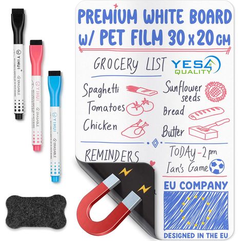 Tableau blanc magnétique effaçable à sec pour réfrigérateur - A4 / 30 x 20 cm - Anti-taches avec 3 marqueurs et une grande gomme aimantée - par Yes4Quality (1/5)