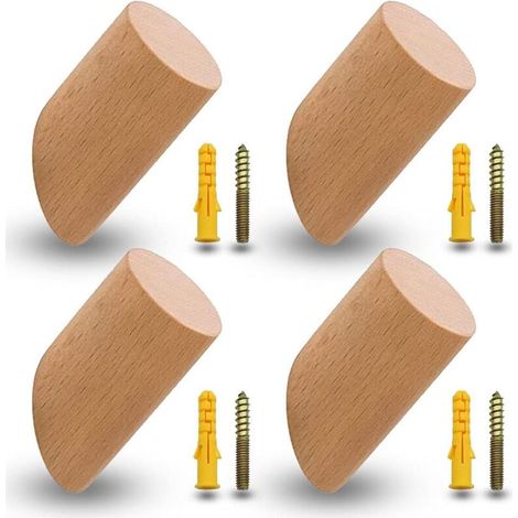 Set mit 4 Kleiderhaken aus Buche, Kleiderhaken aus Holz, Wandhaken mit 4 Schrauben und Erweiterungsrohren für Büro, Küche, Zuhause, Kleidung (6 cm) - Crezuo