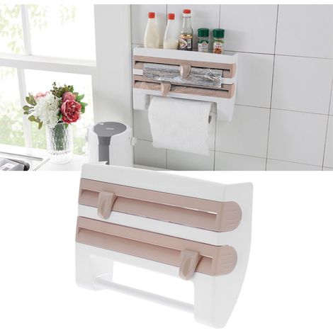 Support de rangement pour film étirable, distributeur de film alimentaire, coupe-film, porte-essuie-tout, accessoires de cuisine, kaki (1/5)