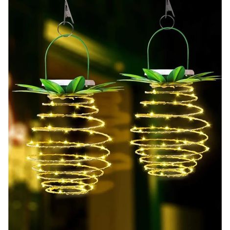 Lot de 2 guirlandes lumineuses solaires ananas à 60 LED, lanternes solaires suspendues d'extérieur avec poignée, fil de cuivre étanche, lampe de fête extérieure pour festivals, mariages, anniversaires (1/5)